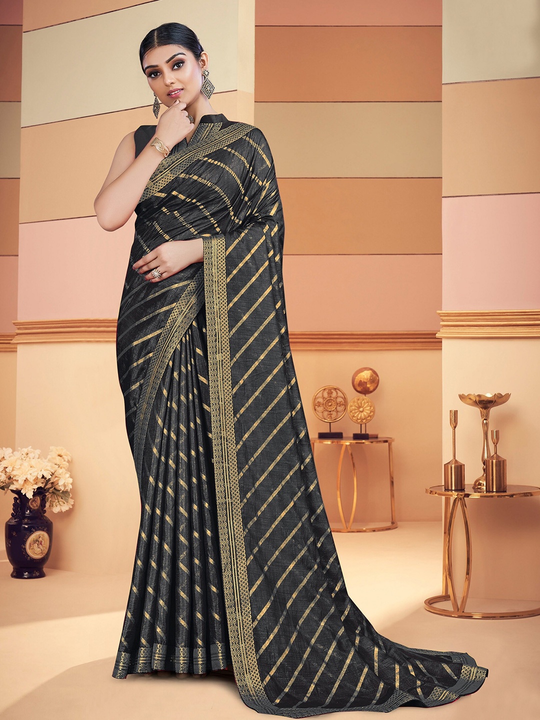 

AVANTIKA FASHION Black & Gold-Toned Striped Zari Art Silk Banarasi Saree