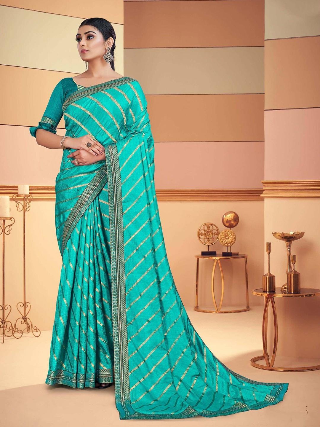 

AVANTIKA FASHION Turquoise Blue & Gold-Toned Striped Zari Art Silk Banarasi Saree