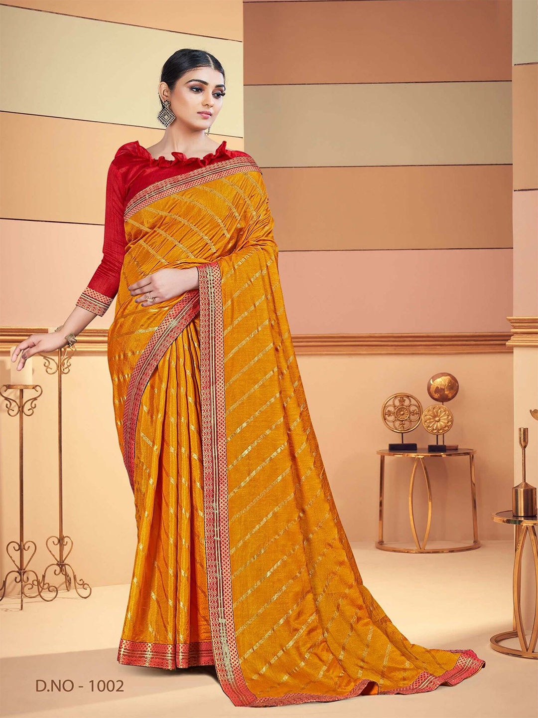 

AVANTIKA FASHION Yellow & Red Striped Zari Art Silk Banarasi Saree