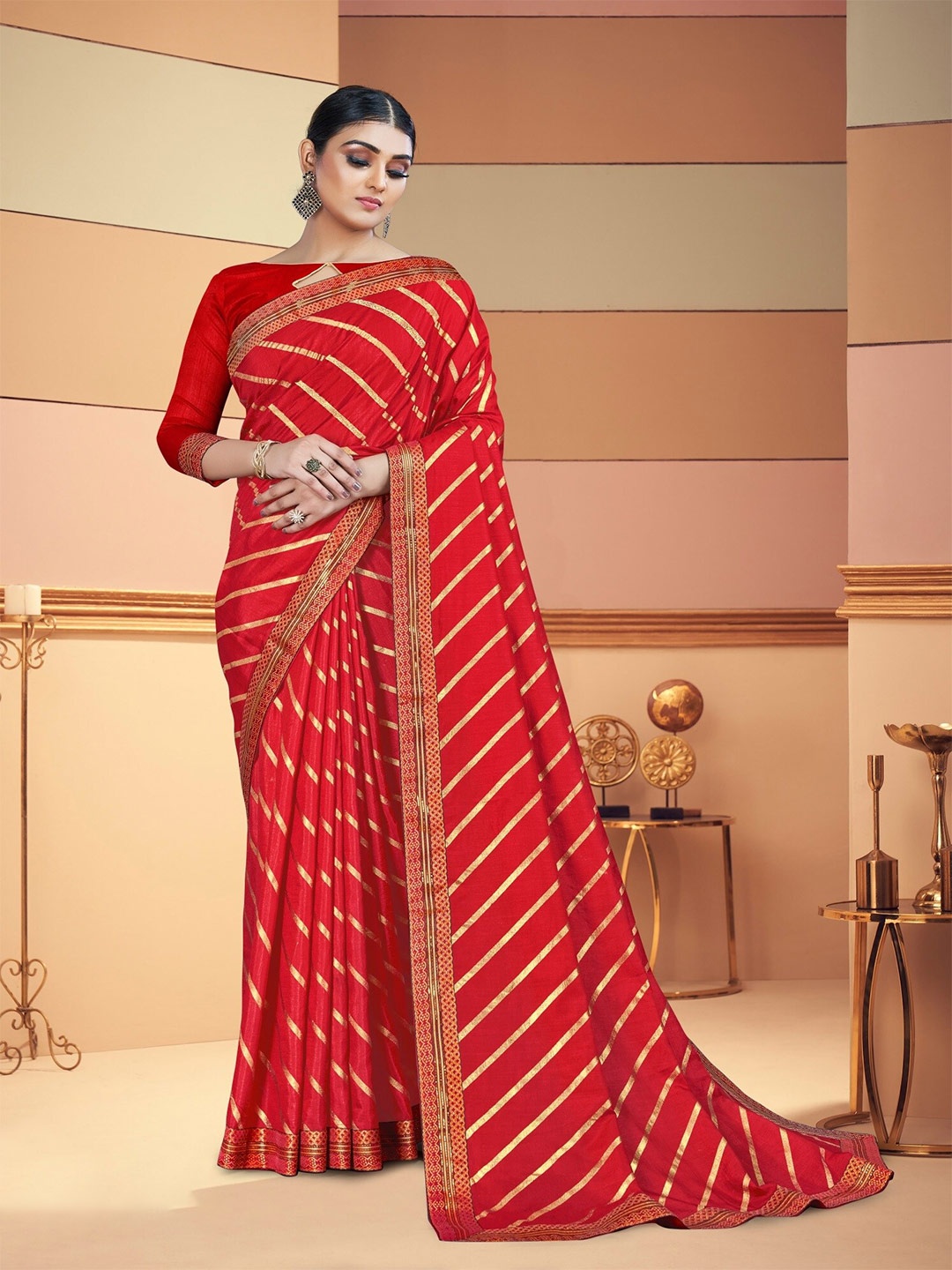 

AVANTIKA FASHION Red & Gold-Toned Leheriya Zari Art Silk Banarasi Saree