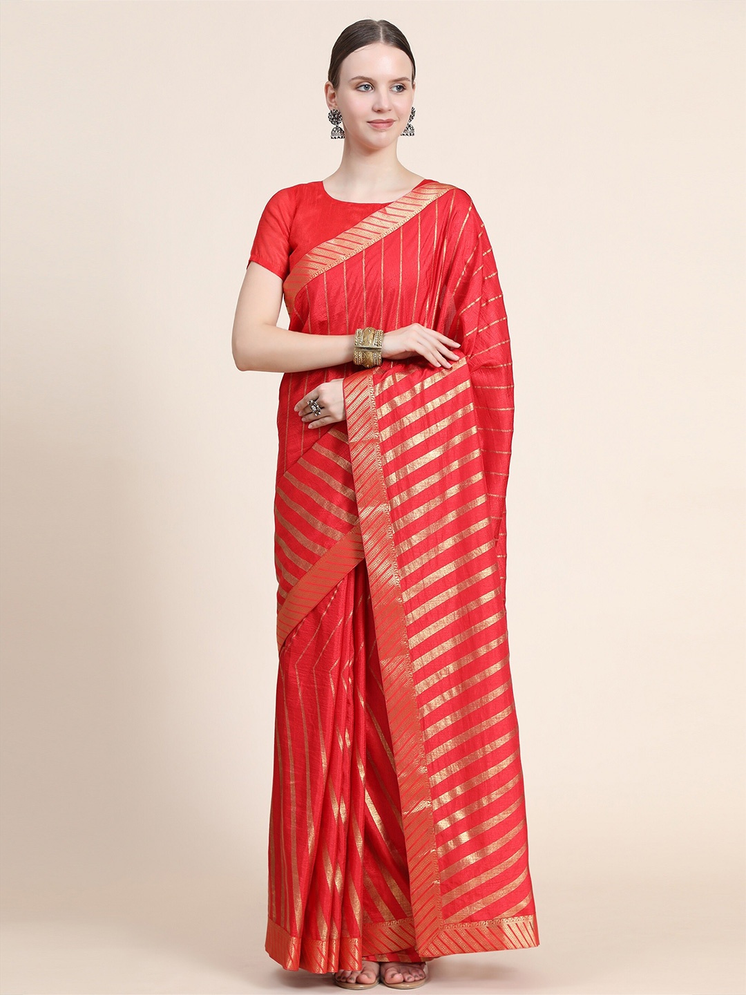 

AVANTIKA FASHION Red & Gold-Toned Leheriya Zari Art Silk Banarasi Saree