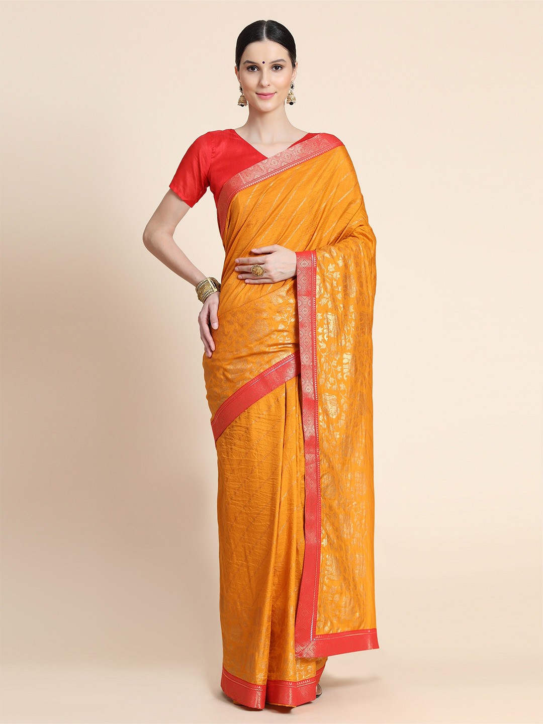 

AVANTIKA FASHION Yellow & Red Leheriya Zari Art Silk Banarasi Saree