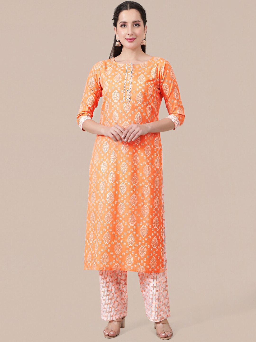 

MOKOSH Women Orange Ethnic Motifs Printed Kurta with Palazzo Set
