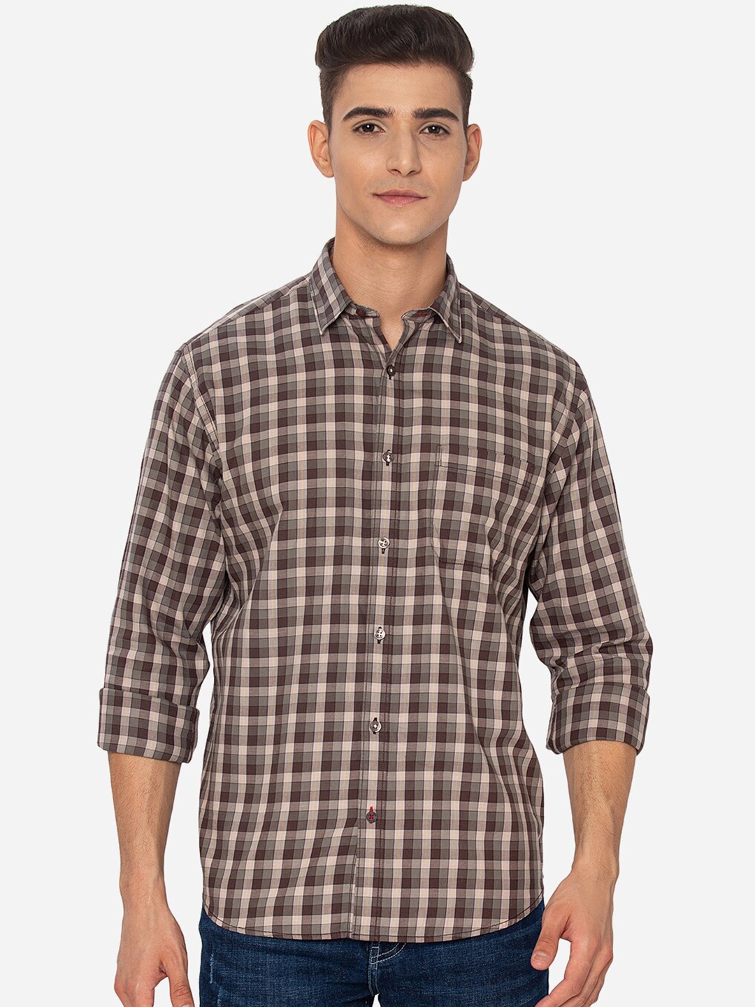 

Greenfibre Men Brown Tartan Checks Checked Casual Shirt