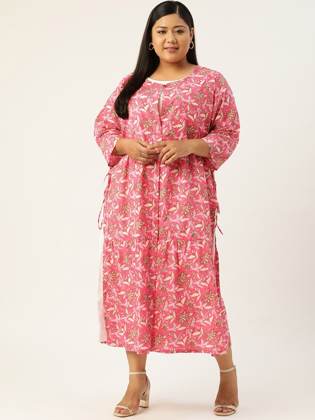

theRebelinme Plus Size Pink Floral Layered A-Line Midi Dress