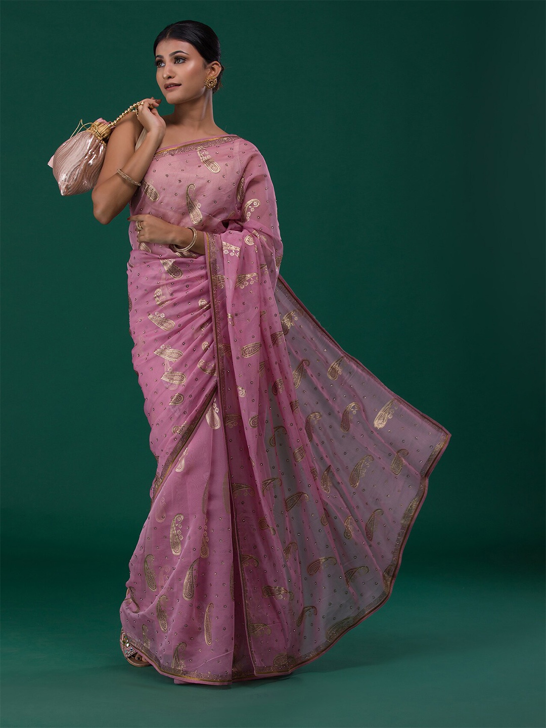 

Koskii Pink & Gold-Toned Paisley Beads and Stones Saree