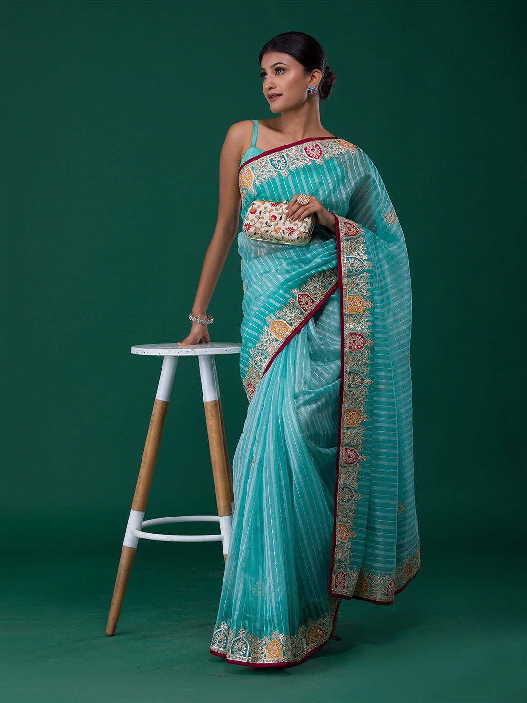 

Koskii Green & Pink Striped Gotta Patti Saree