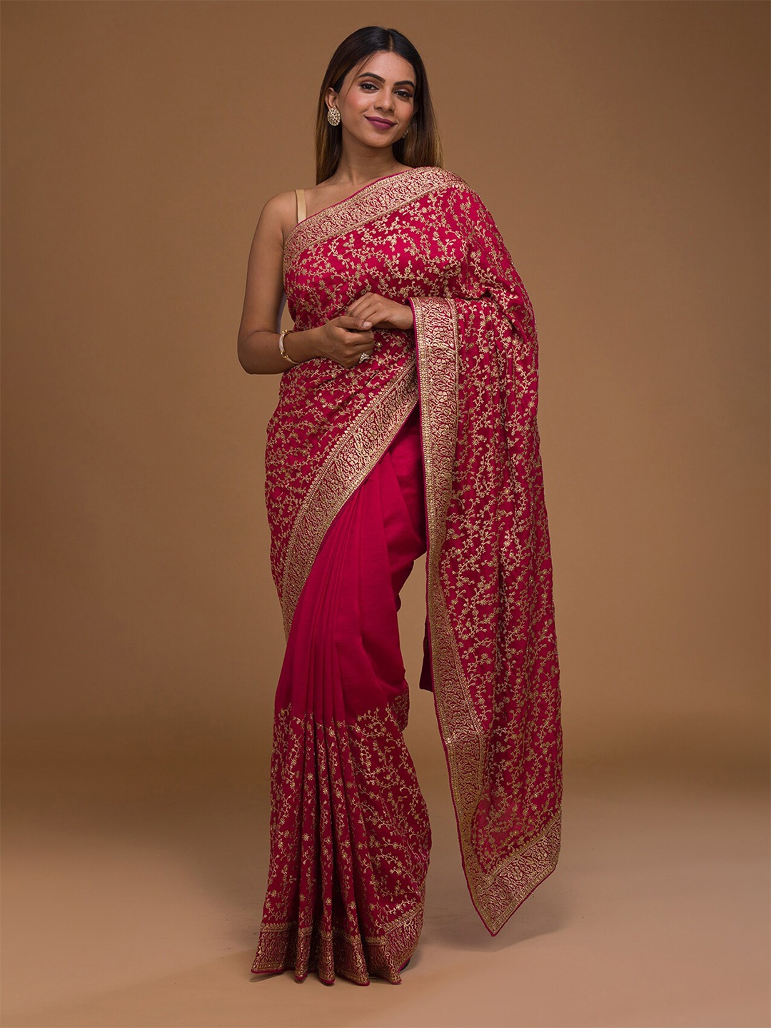 

Koskii Pink & Gold-Toned Floral Zari Saree