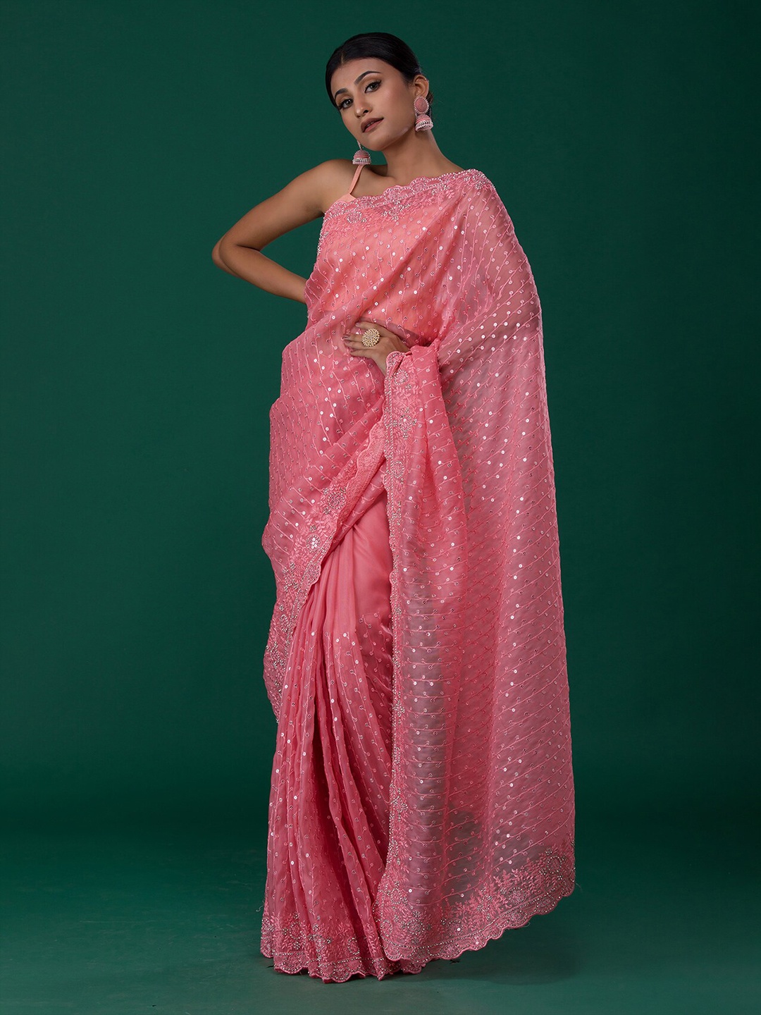 

Koskii Pink & Silver-Toned Embellished Sequinned Saree