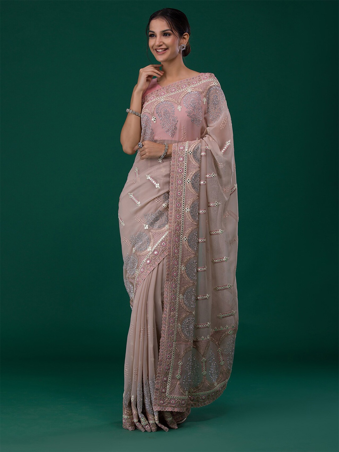 

Koskii Peach-Coloured & Grey Ethnic Motifs Beads and Stones Supernet Saree