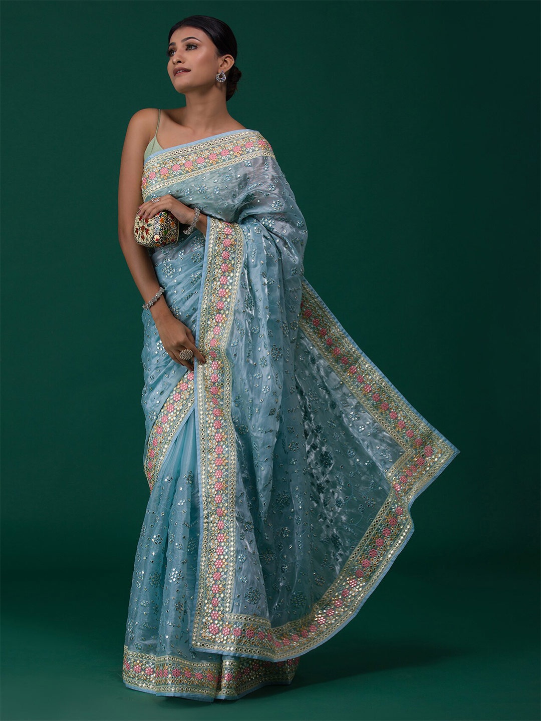 

Koskii Blue & Pink Floral Embroidered Tissue Saree