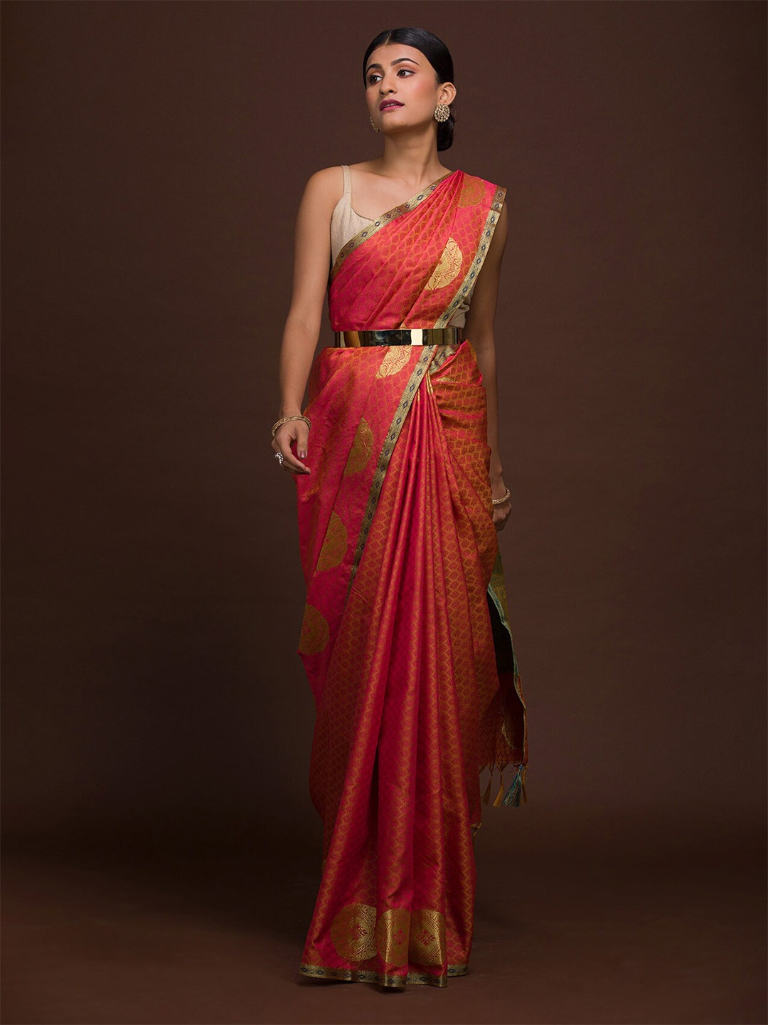 

Koskii Peach-Coloured & Green Woven Design Zari Art Silk Banarasi Saree