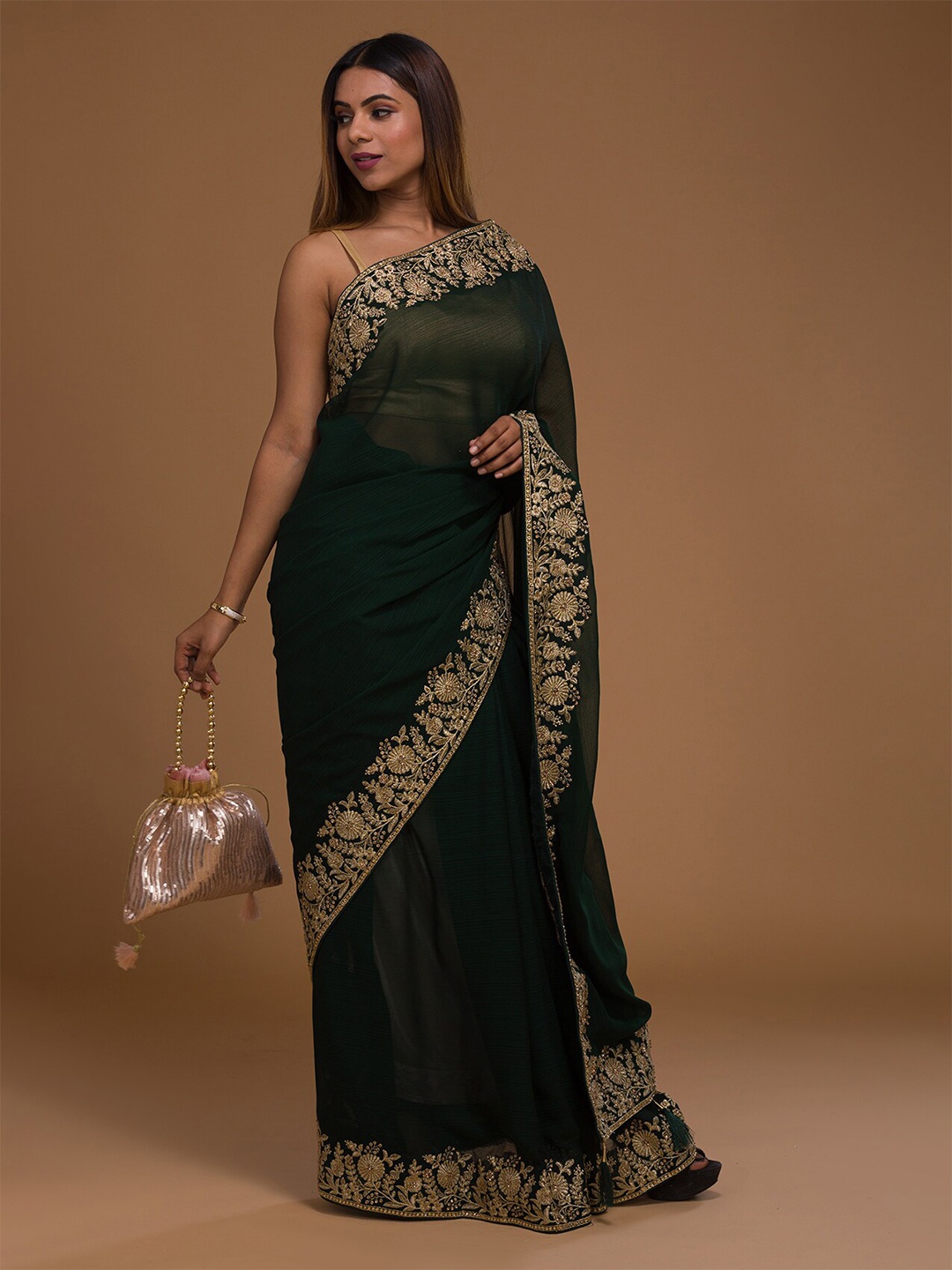 

Koskii Green & Gold-Toned Embellished Embroidered Art Silk Saree