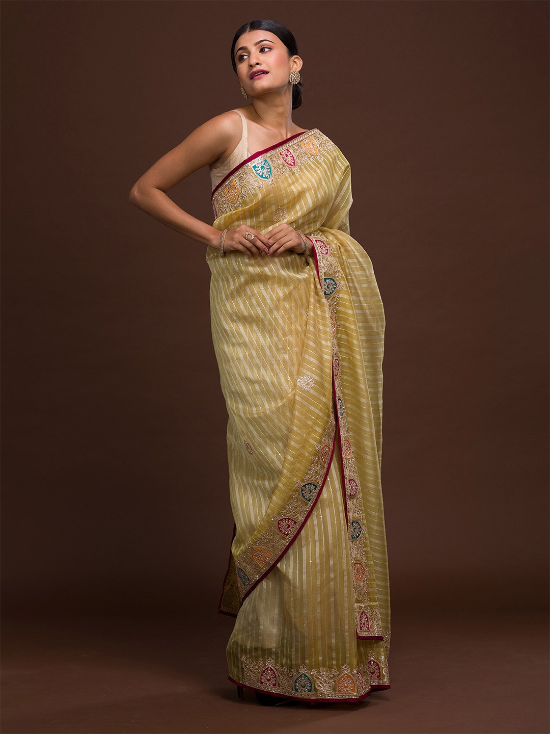 

Koskii Yellow & Pink Embellished Gotta Patti Saree