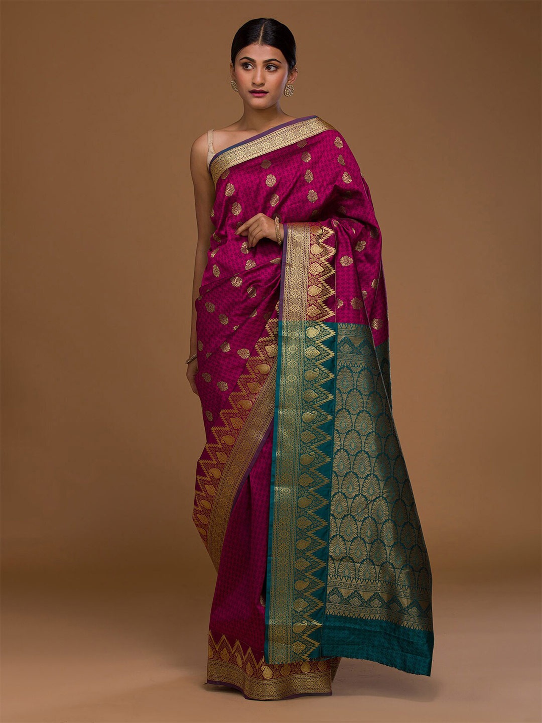

Koskii Magenta & Gold-Toned Woven Design Zari Art Silk Banarasi Saree