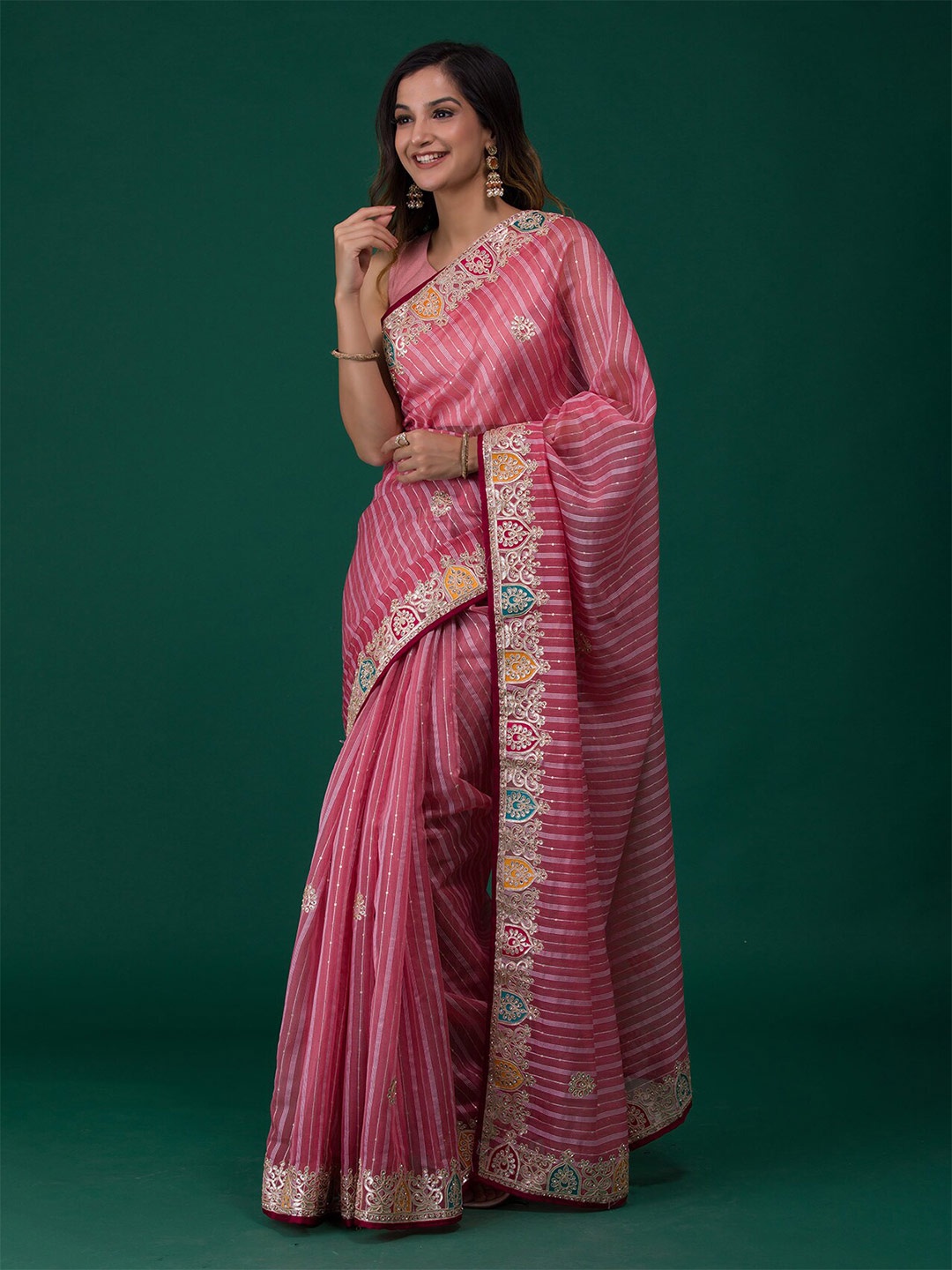 

Koskii Pink & Grey Striped Polyester Gotta Patti Saree With Unstitched Blouse Piece