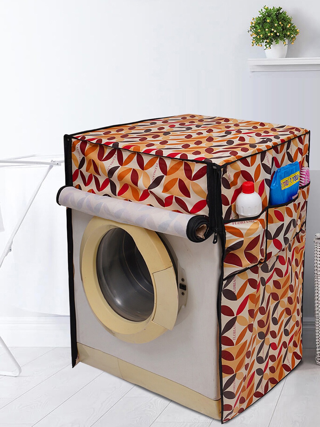 

DREAM CARE White & Brown Printed Washing Machine Cover