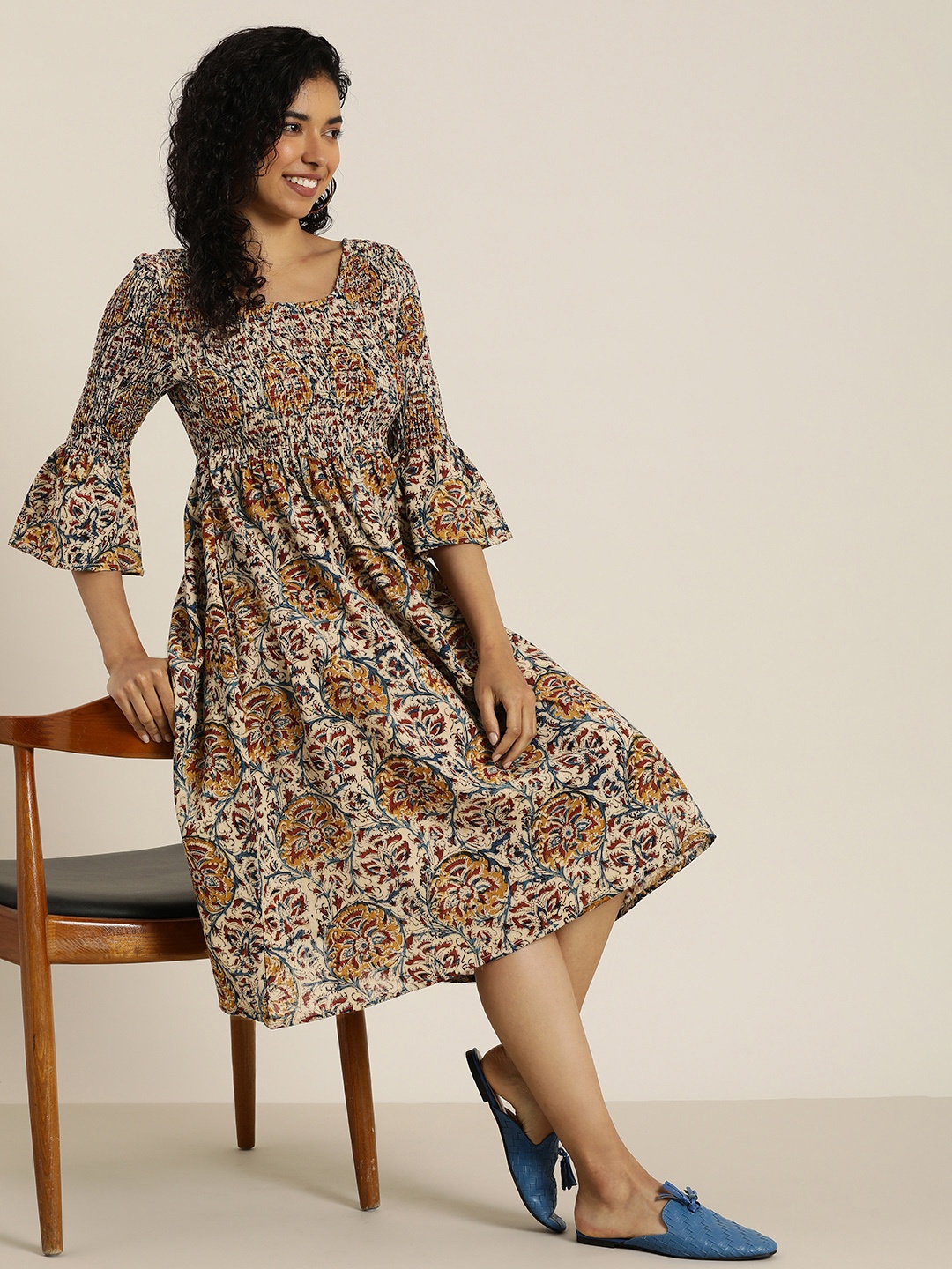 

Taavi Floral Print Bell Sleeve Empire Kalamkari Dress, Multi