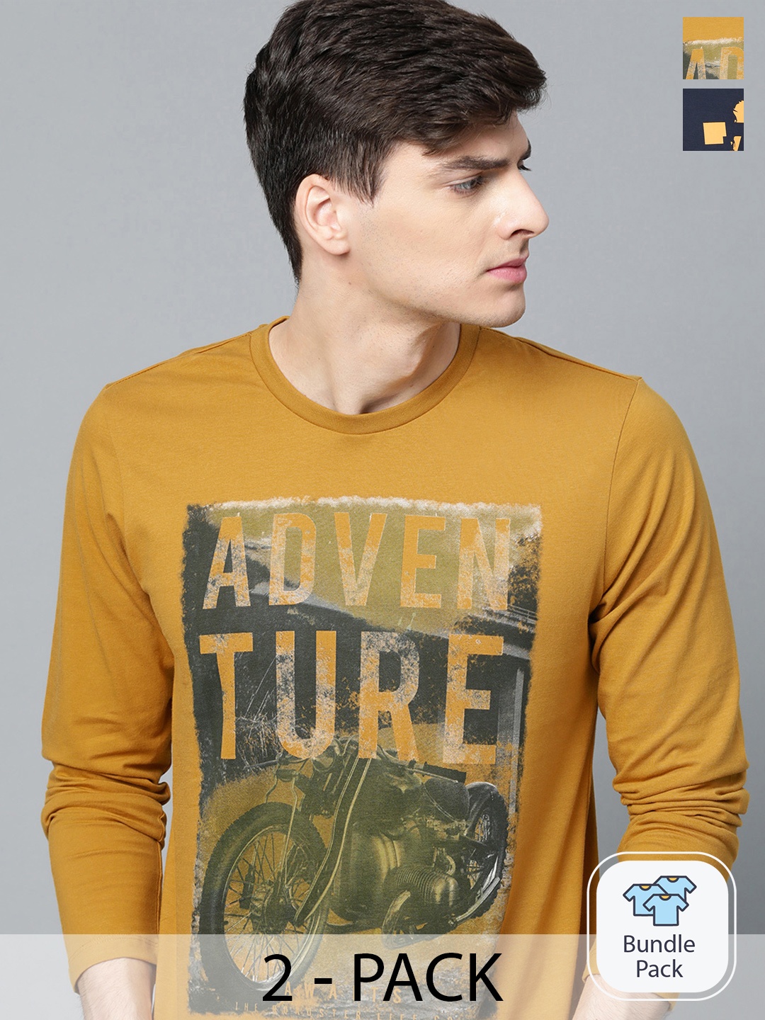 

Roadster Men Pack of 2 Pure Cotton Printed Round Neck T-shirts, Mustard