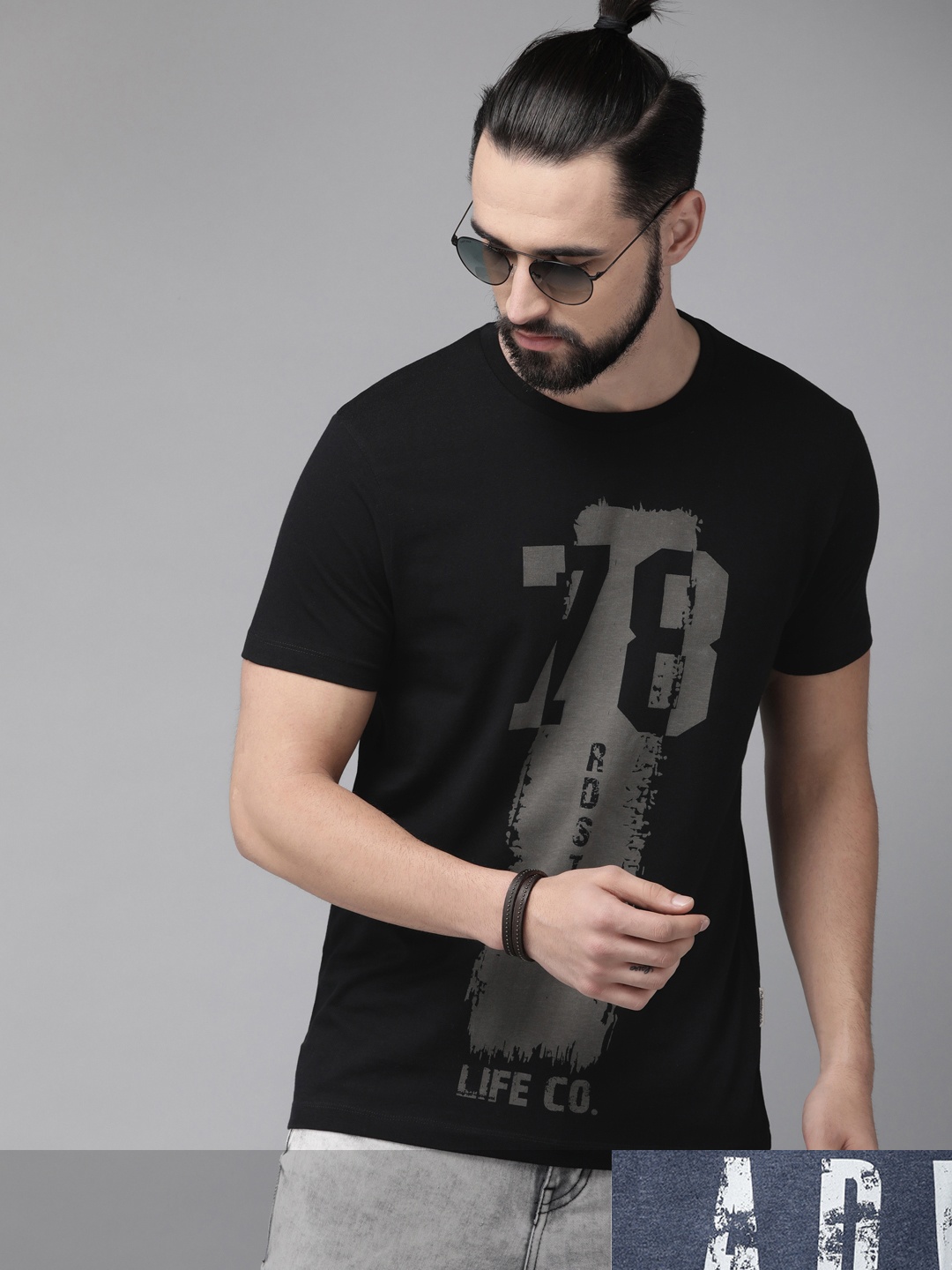 

Roadster Men Pack of 2 Pure Cotton Printed Round Neck T-shirts, Navy blue