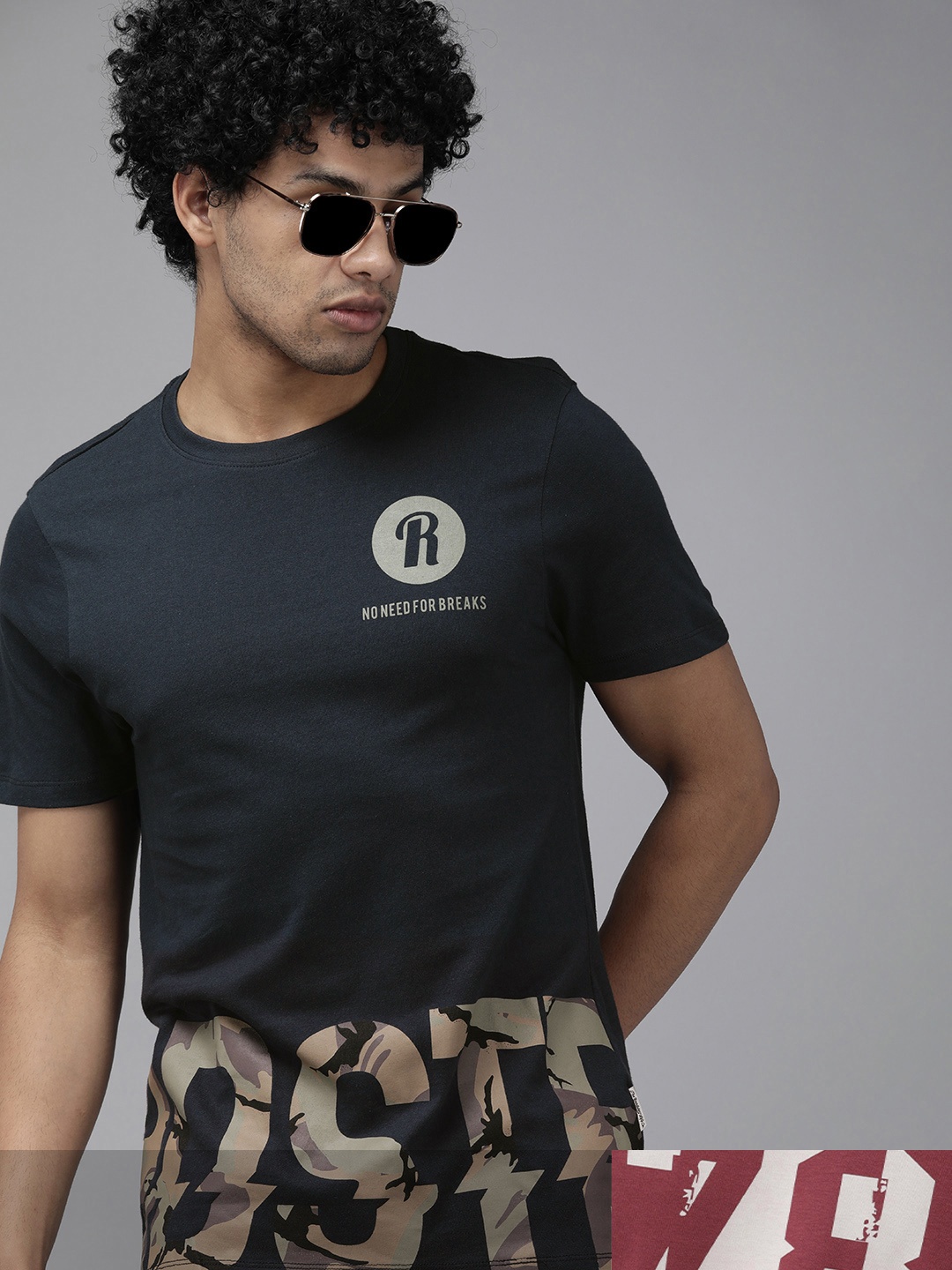 

Roadster Men Pack of 2 Pure Cotton Printed Round Neck T-shirts, Navy blue
