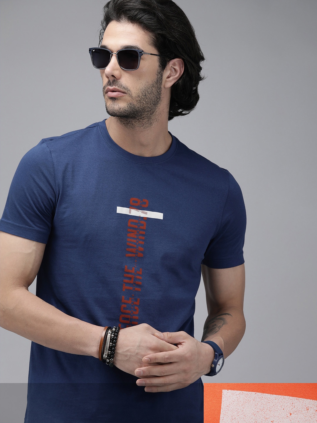 

Roadster Men Pack of 2 Pure Cotton Printed Round Neck T-shirts, Navy blue