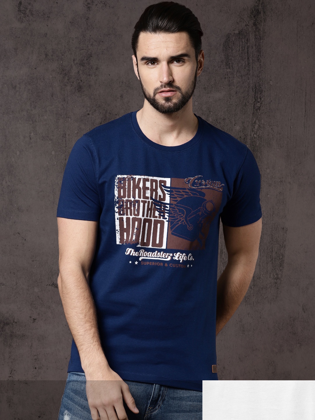 

Roadster Men Pack of 2 Pure Cotton Printed Round Neck T-shirts, Navy blue