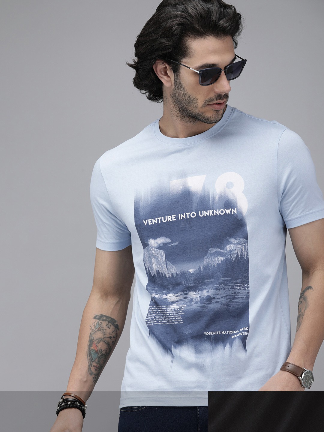 

Roadster Men Pack of 2 Pure Cotton Printed Round Neck T-shirts, Blue