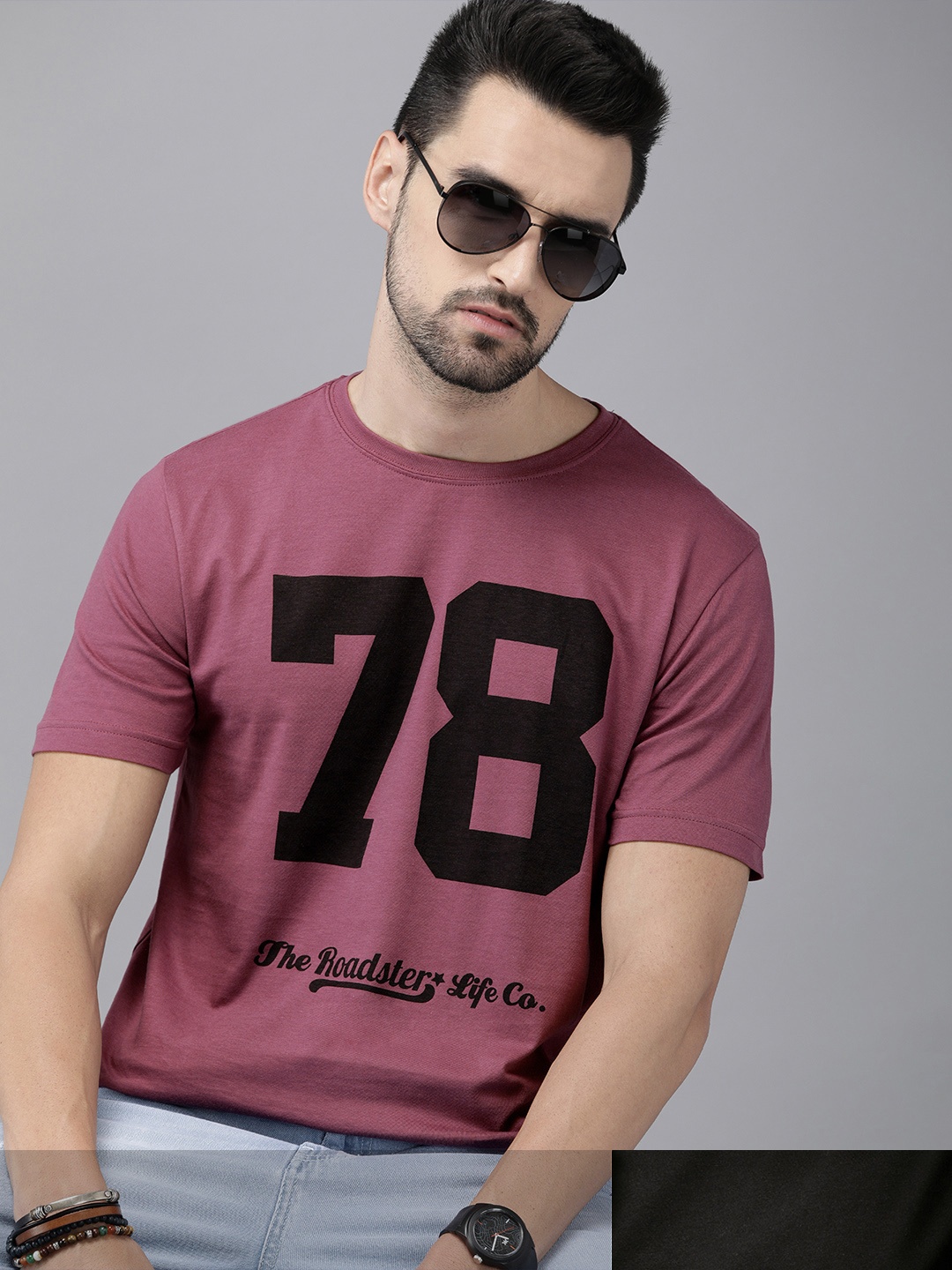 

Roadster Men Pack of 2 Pure Cotton Printed Round Neck T-shirts, Mauve