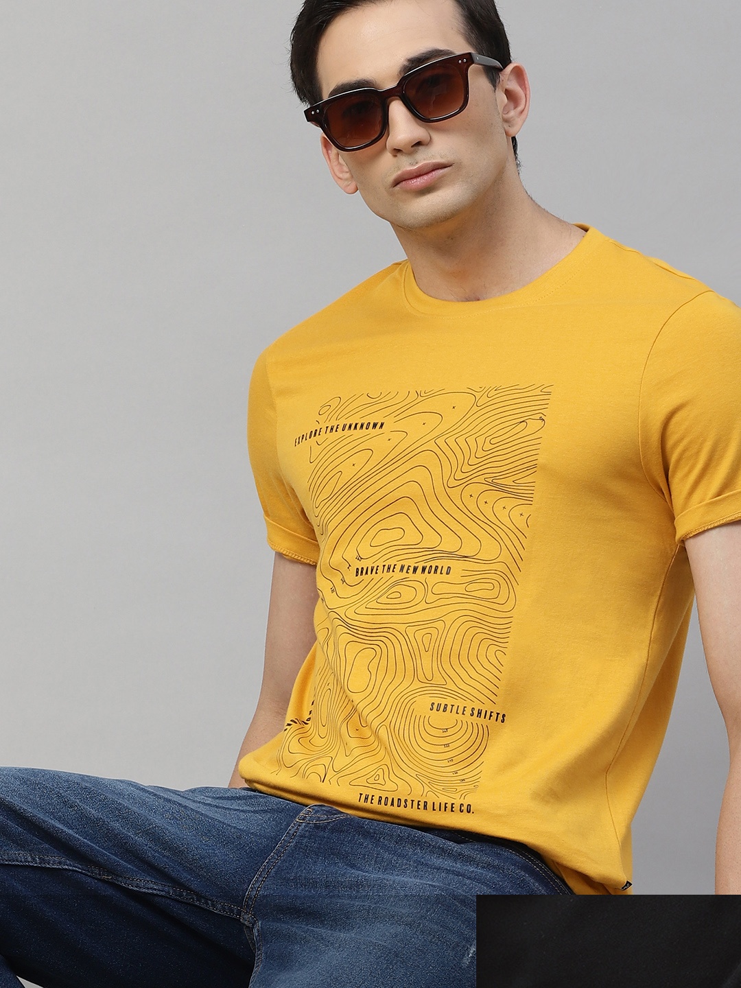 

Roadster Men Pack of 2 Pure Cotton Printed Round Neck T-shirts, Yellow