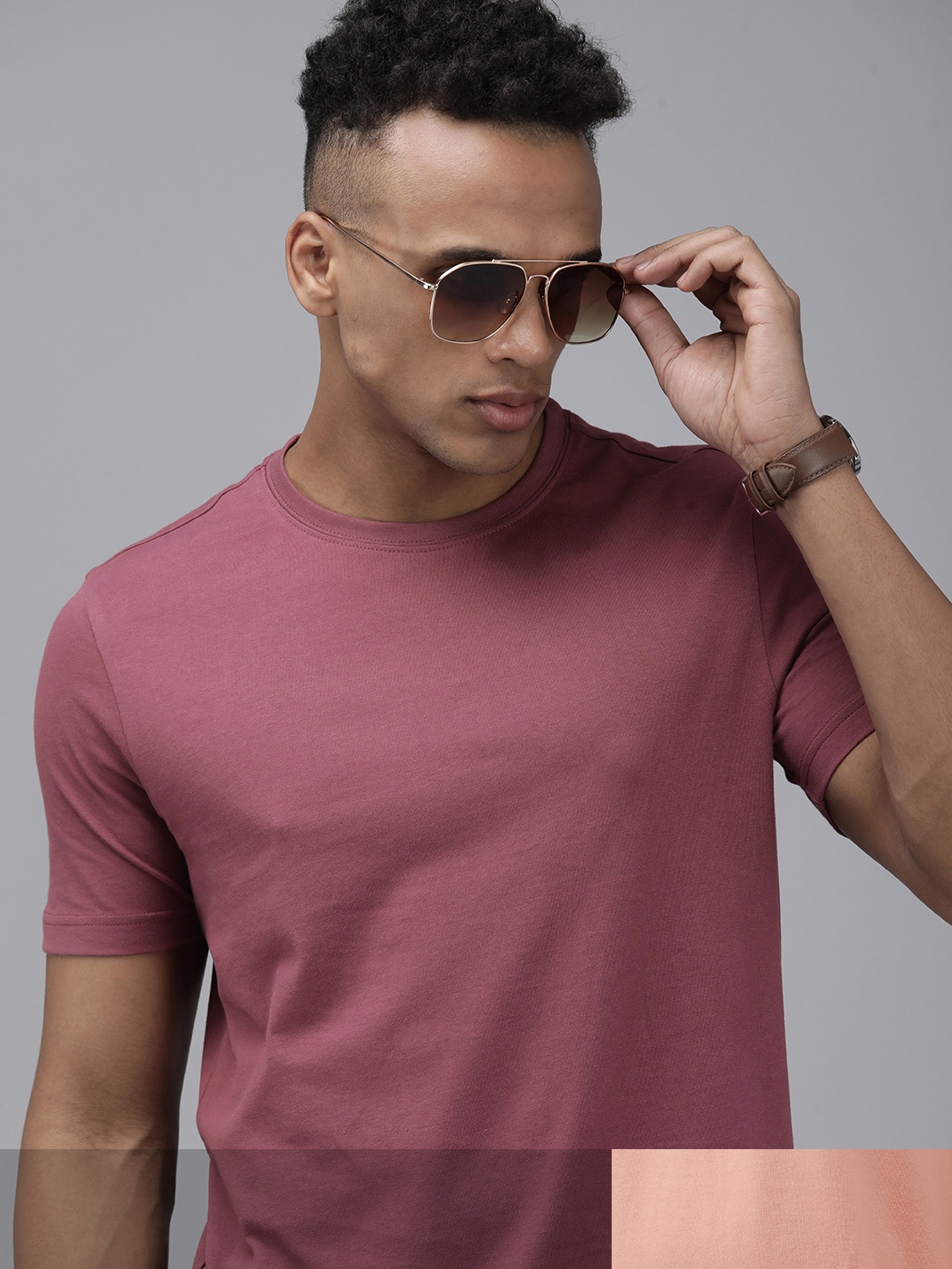 

Roadster Men Pack of 2 Pure Cotton Round Neck T-shirts, Mauve
