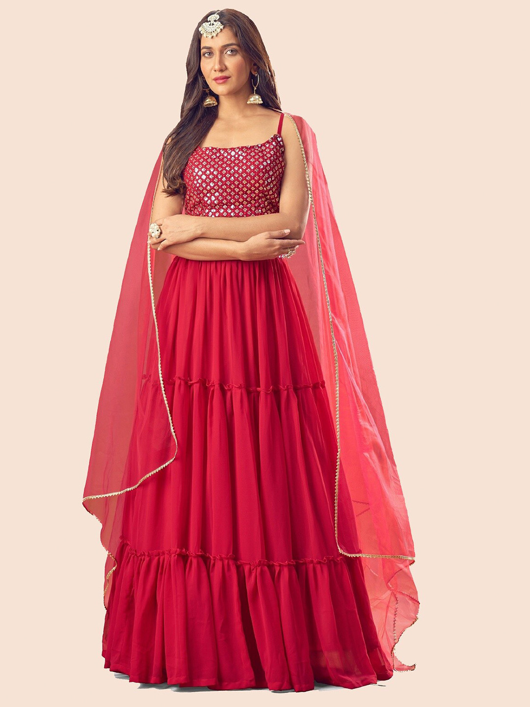 

Ethnic Yard Red & Gold-Toned Embroidered Semi-Stitched Lehenga Set