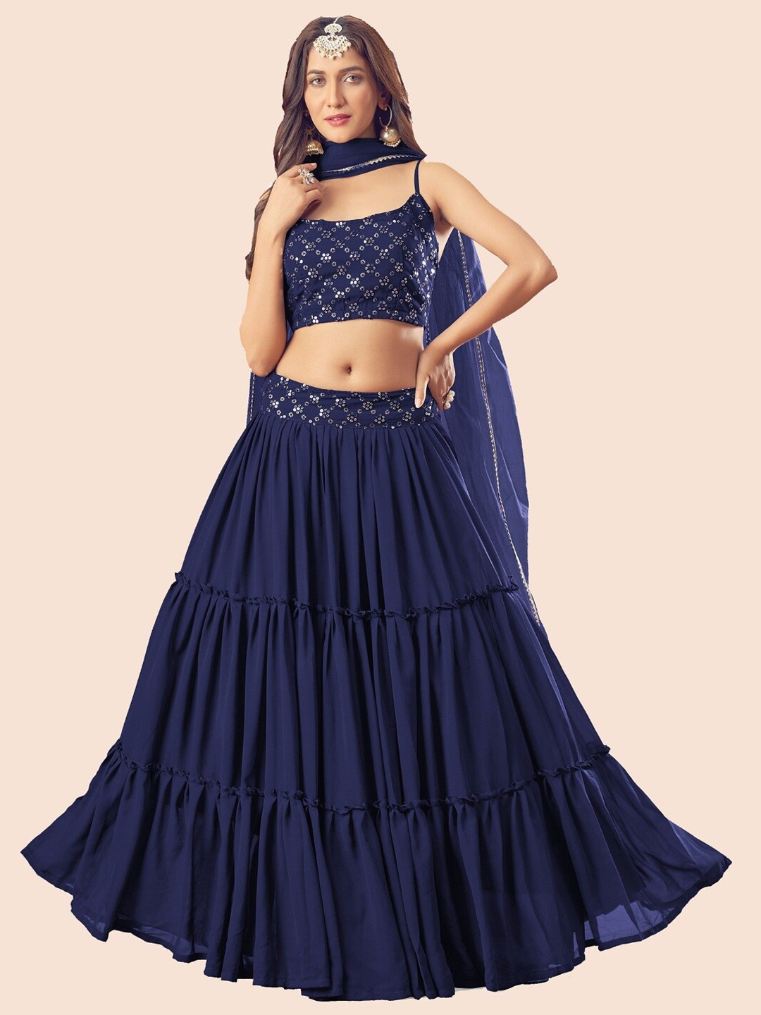 

Ethnic Yard Green & Silver-Toned Semi-Stitched Lehenga & Unstitched Blouse With Dupatta