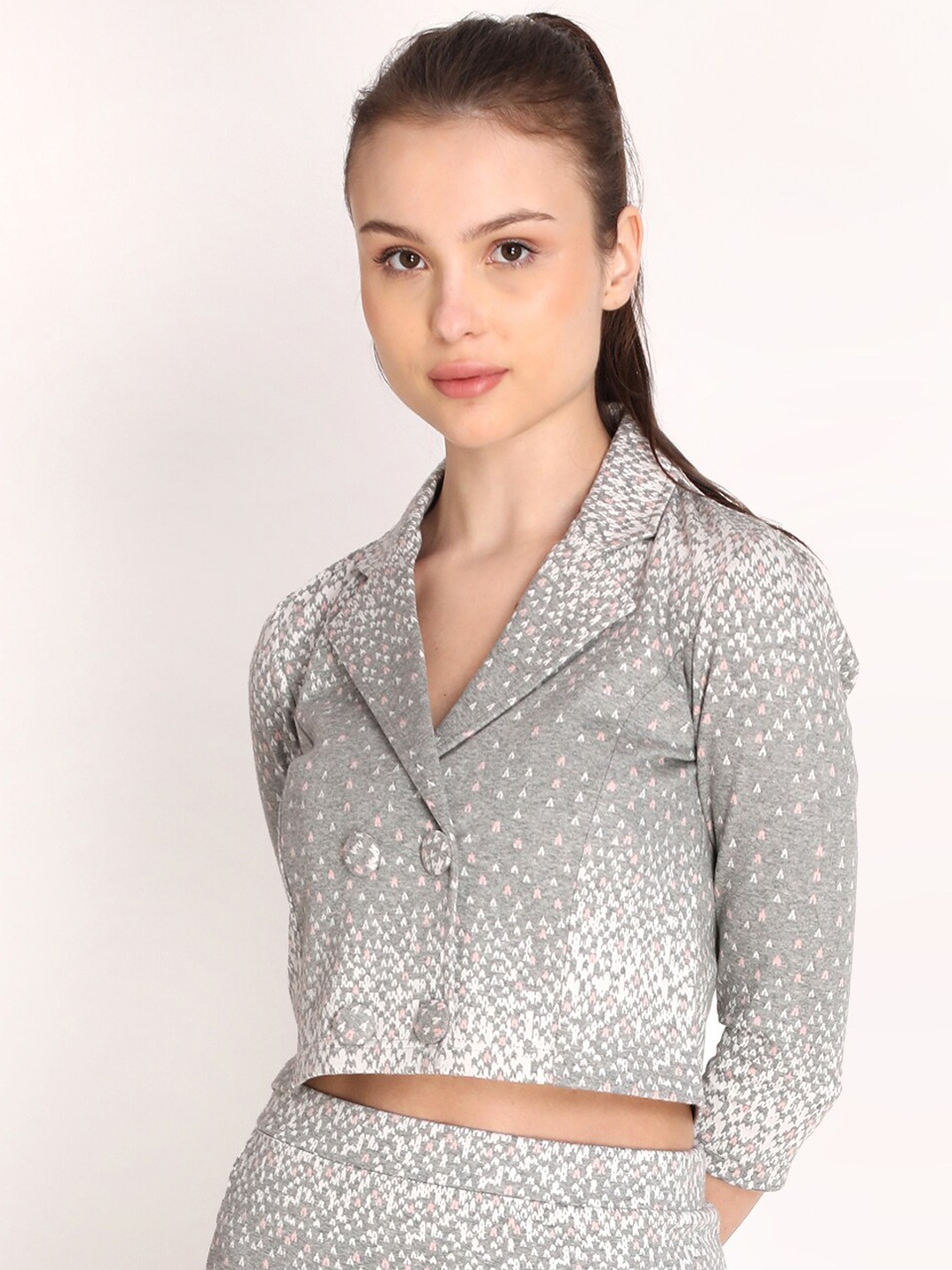 

HANG N HOLD Women Grey Printed Crop Tailored Jacket
