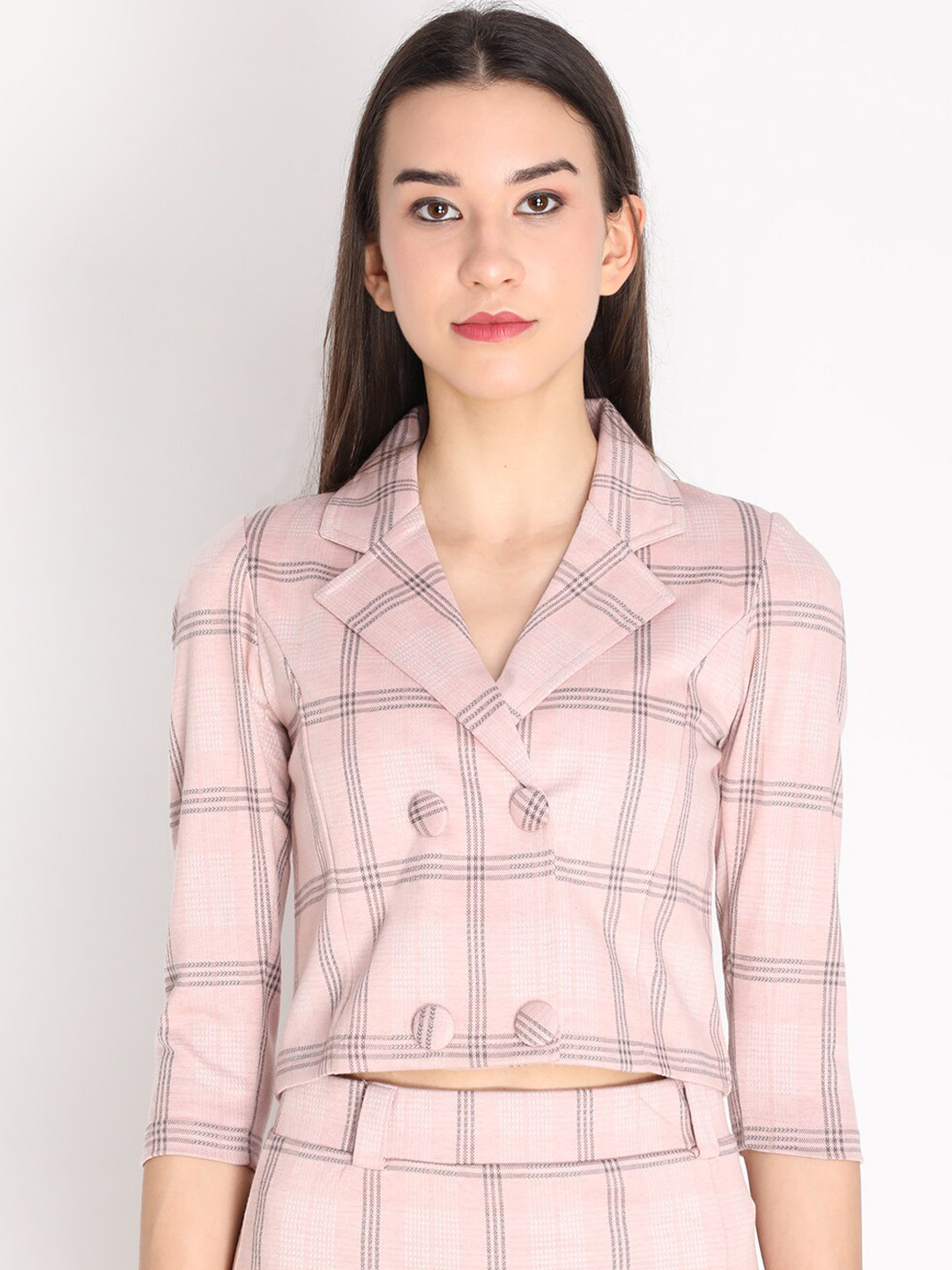 

HANG N HOLD Women Pink Checked Crop Tailored Jacket