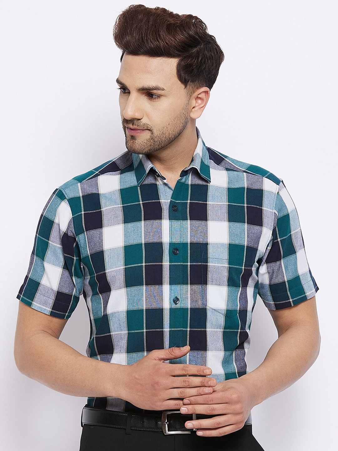 

D Kumar Men Green Standard Buffalo Checks Checked Formal Shirt