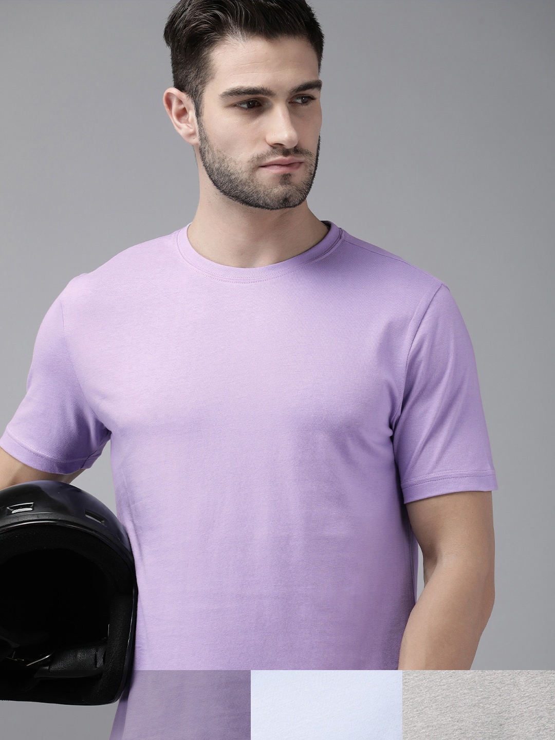 

Roadster Men Pack Of 3 Solid Pure Cotton T-Shirt, Lavender