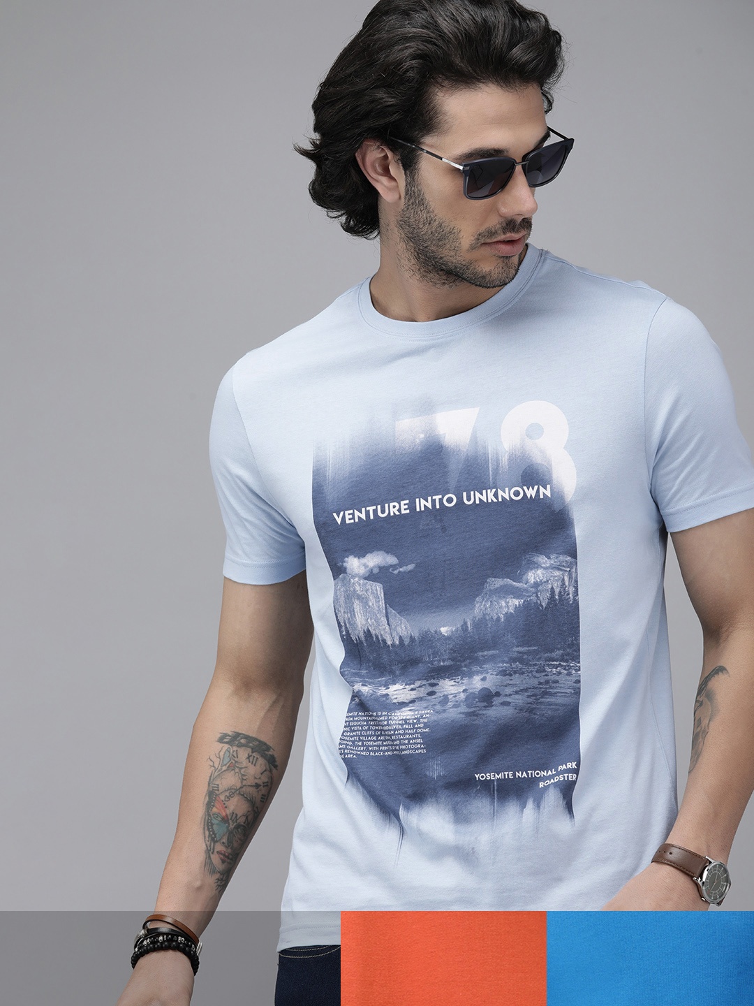 

Roadster Men Pack Of 3 Printed Pure Cotton T-Shirt, Blue
