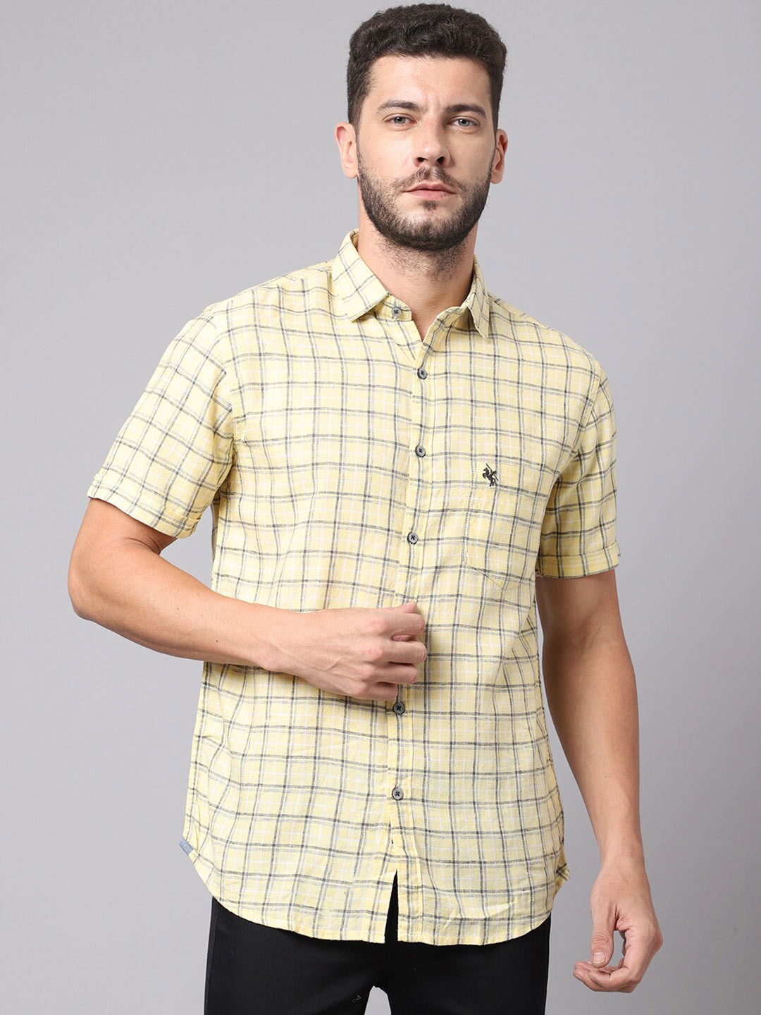 

Cantabil Men Yellow Cotton Checked Casual Shirt
