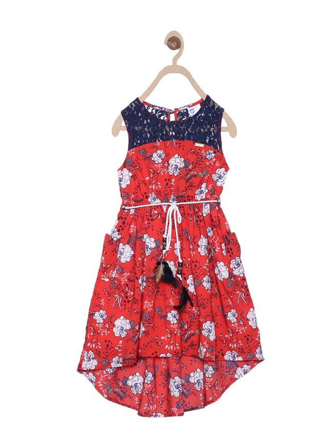 

612League Girls Red & Navy Blue Floral Fit and Flare Cotton Dress