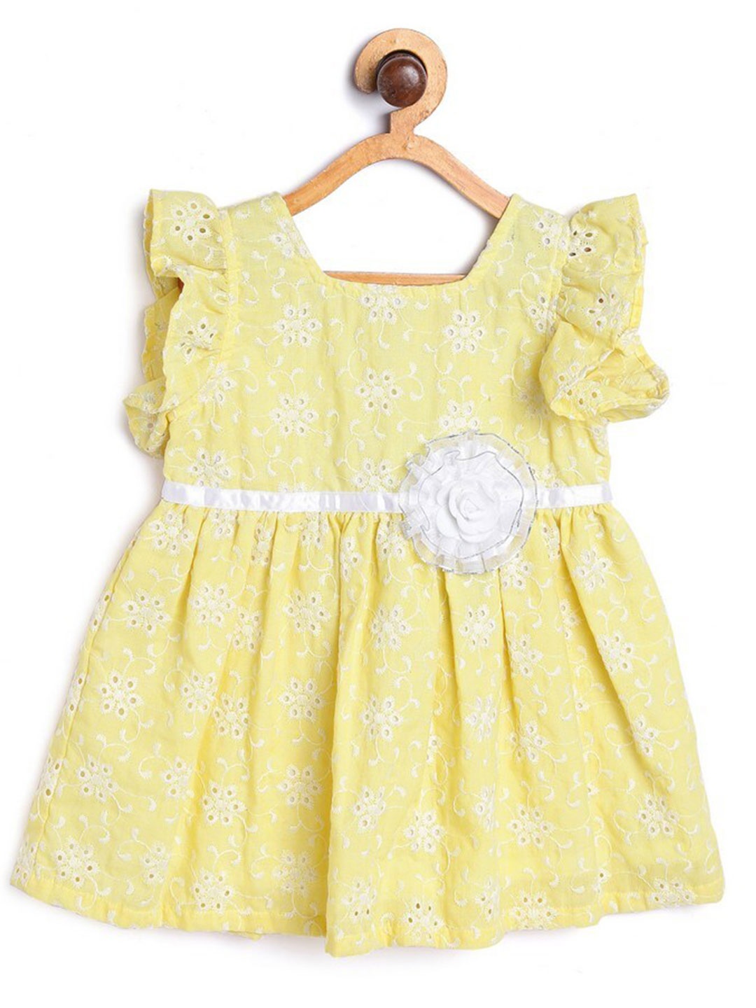 

612League Girls Yellow Floral Self Design Fit & Flare Dress