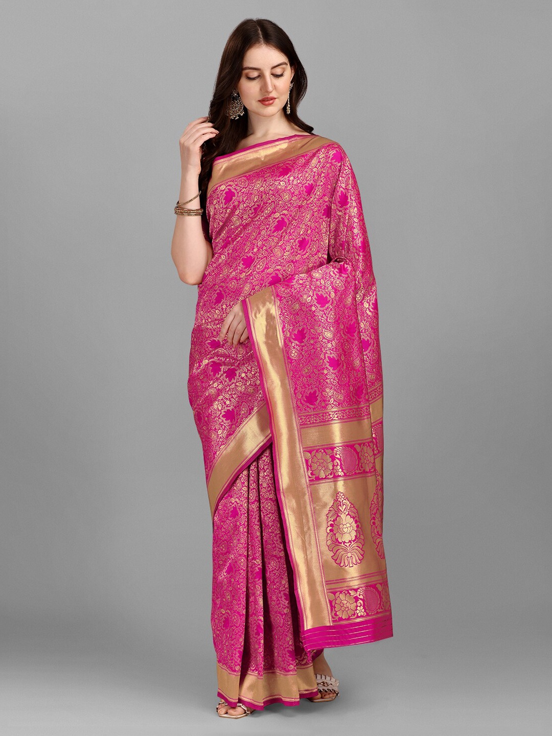

YOYO Fashion Pink Golden Printed Jacquard Saree With Blouse