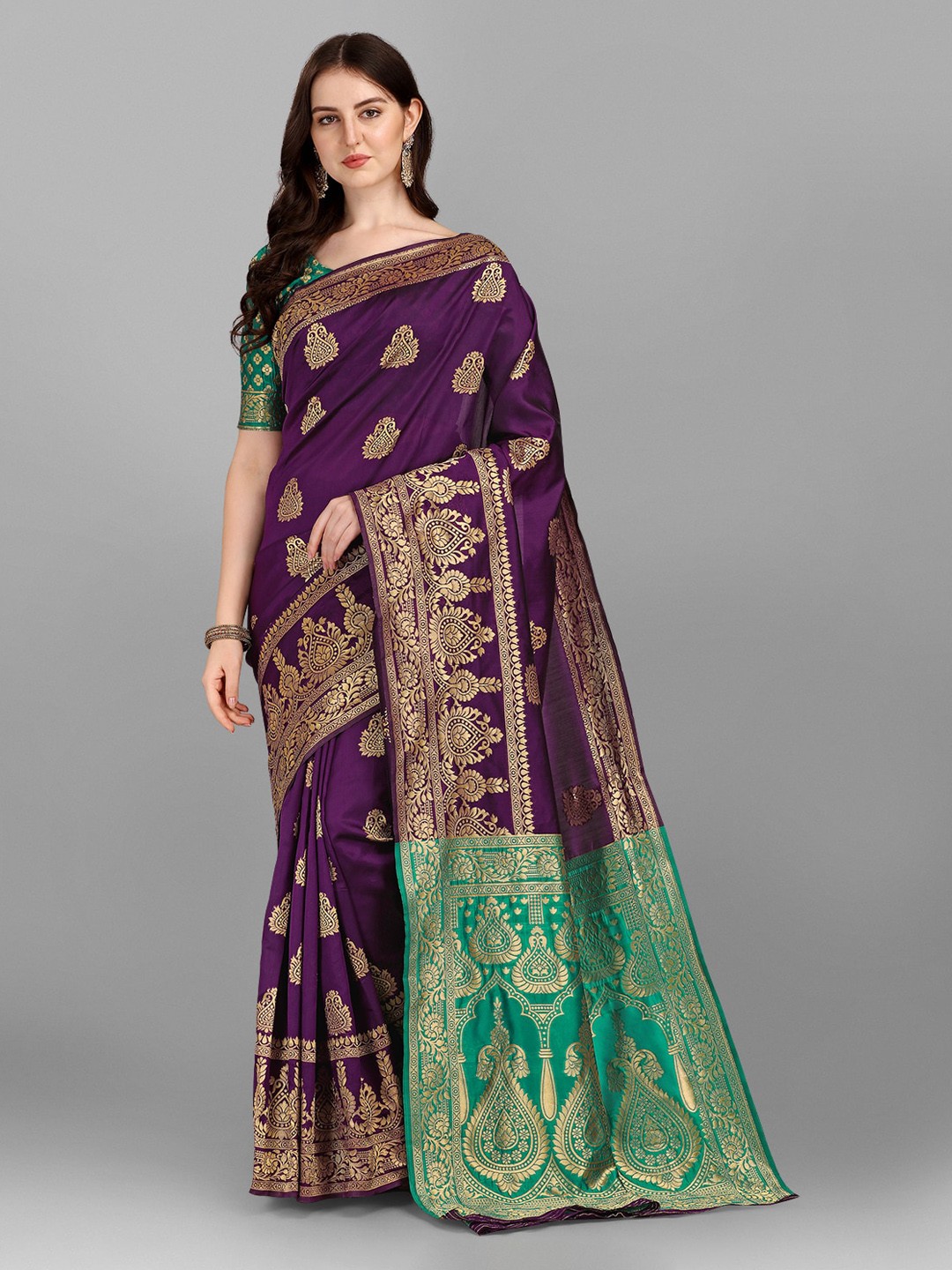 

YOYO Fashion Purple & Green Ethnic Motifs Brocade Saree