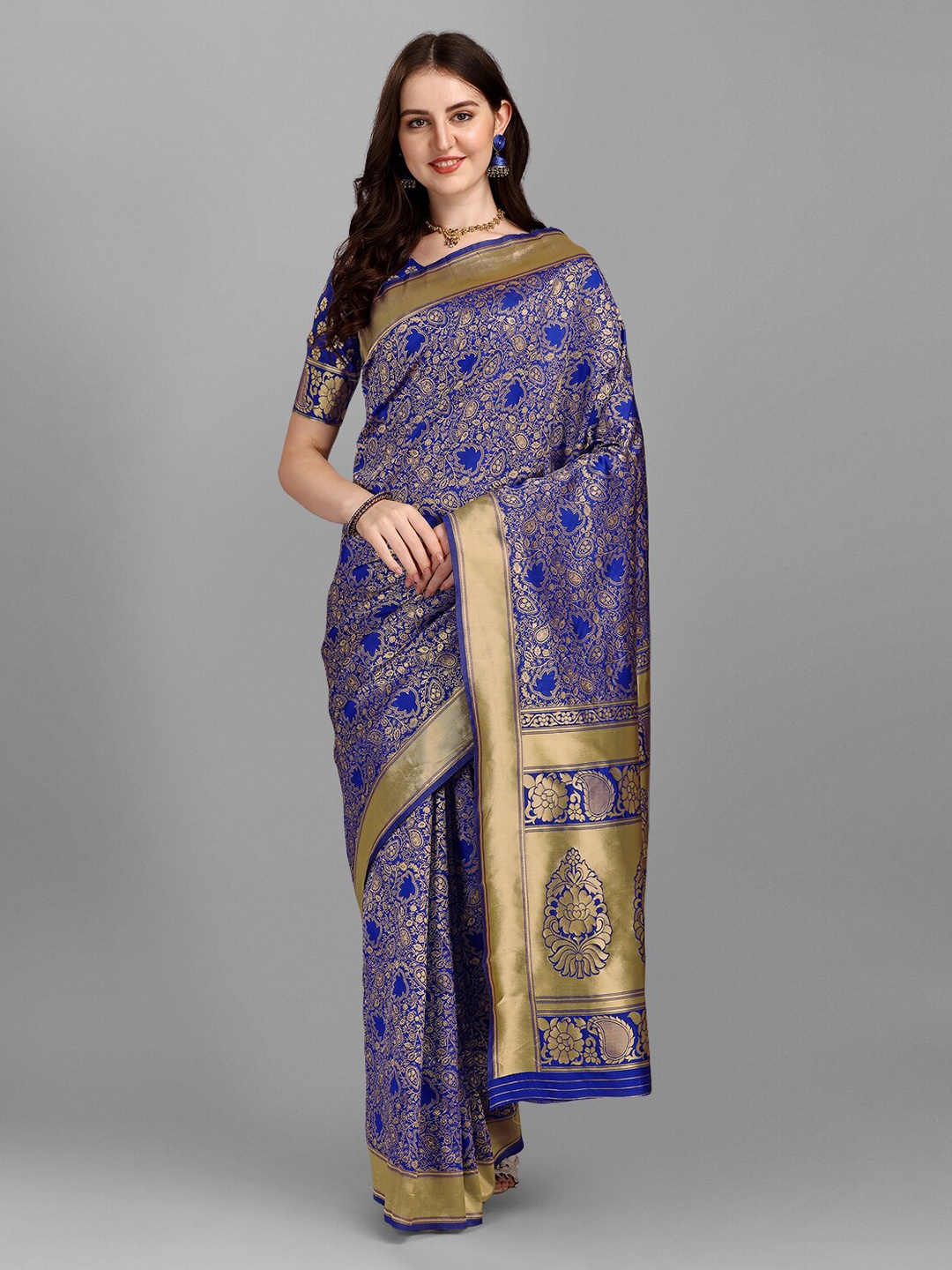 

YOYO Fashion Blue & Gold-Toned Woven Design Banarasi Saree