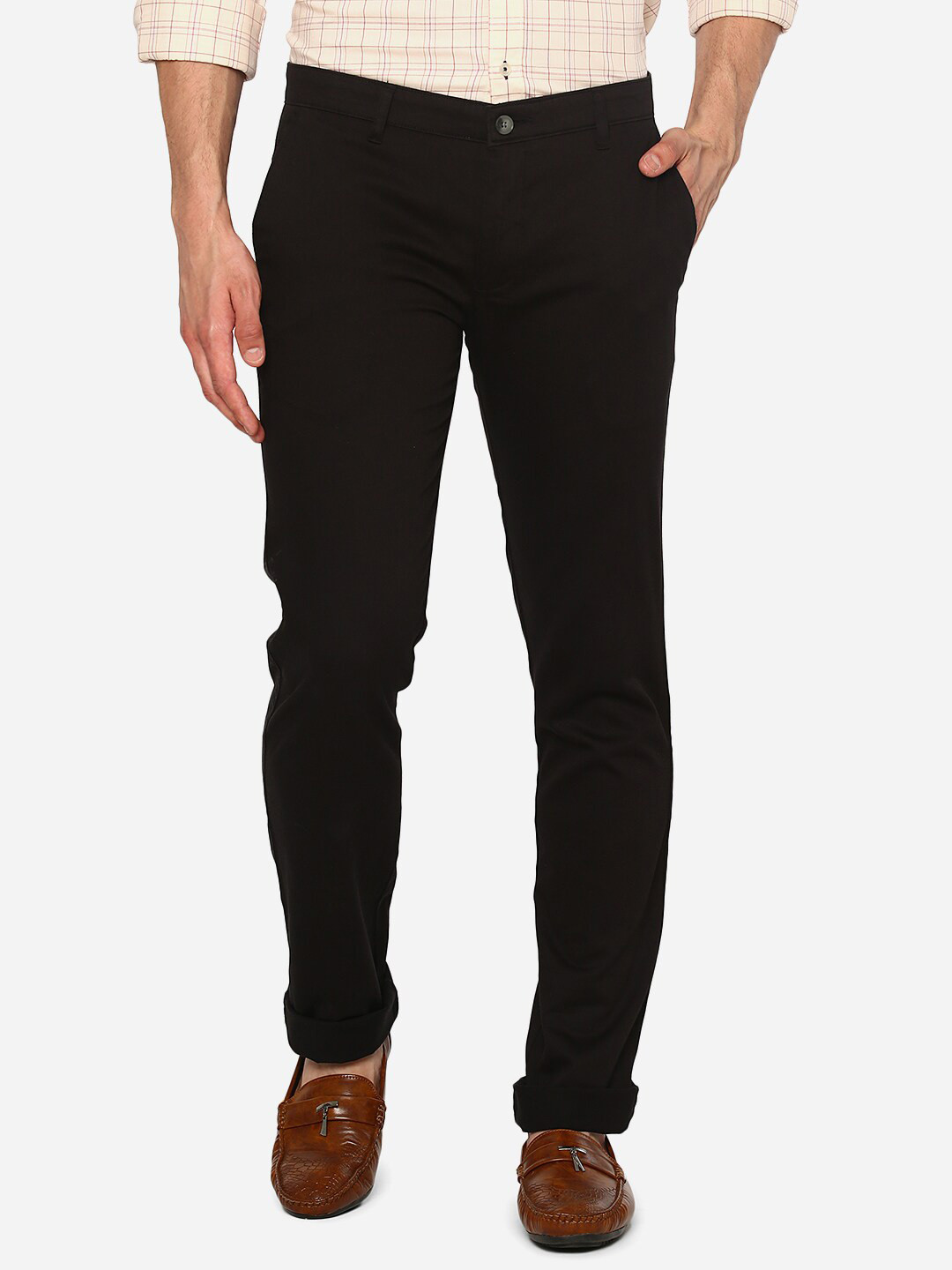 

Greenfibre Men Black Solid Cotton Skinny Fit Chinos Trousers