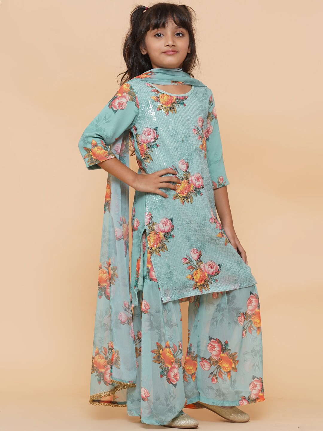 

titliyan Girls Sea Green Floral Printed Sequined Kurta with Sharara & With Dupatta