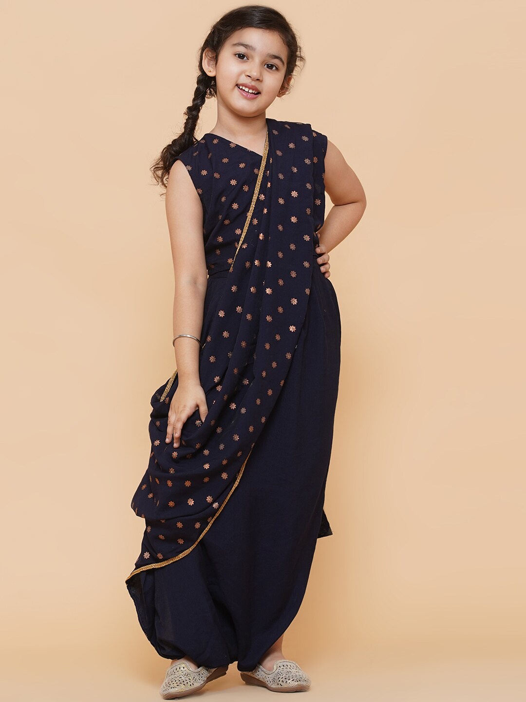 

titliyan Navy Blue & Gold-Toned Woven Design Dhoti Saree With Blouse