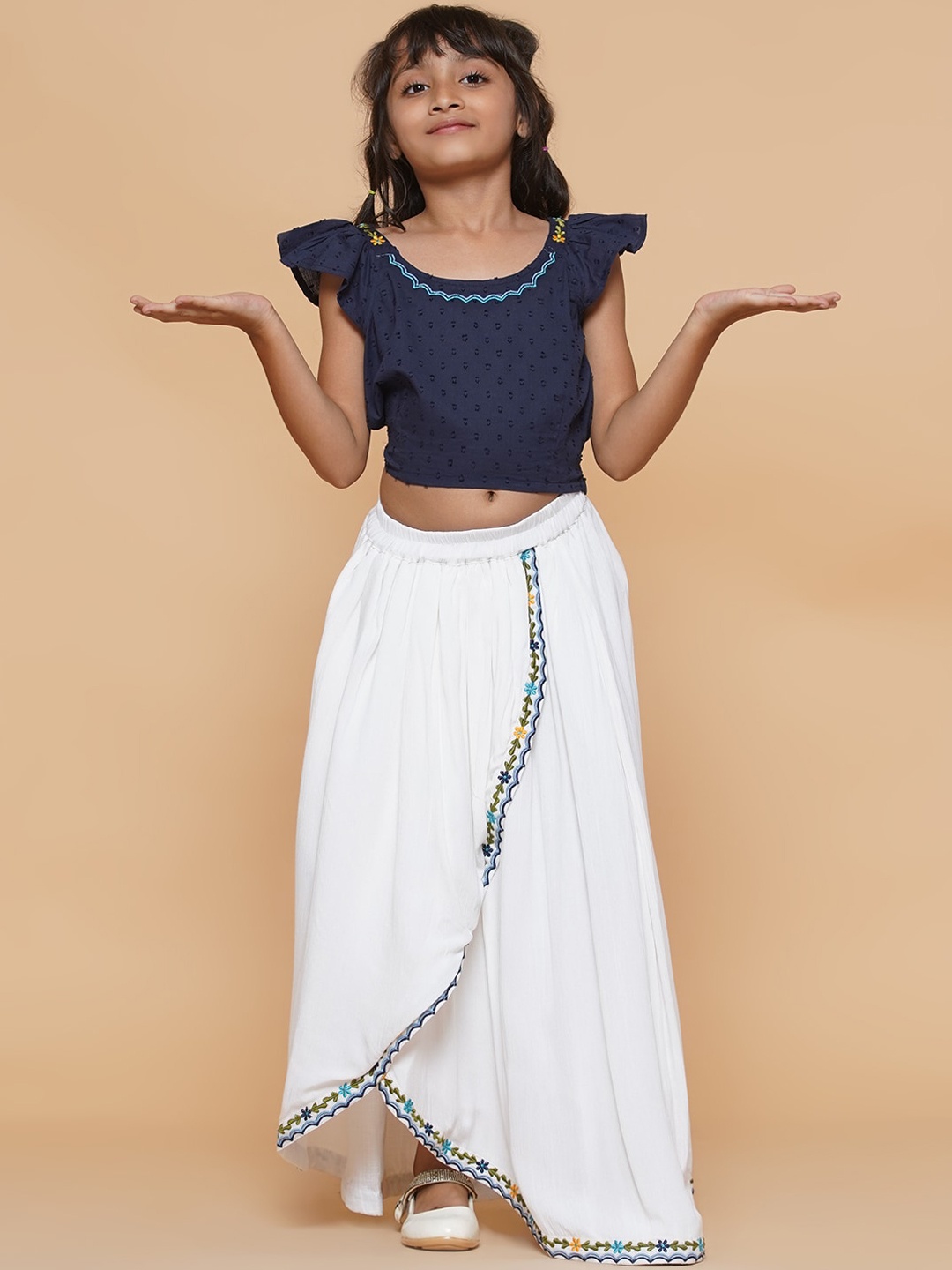 

titliyan Girls White & Blue Pure Cotton Top with Skirt