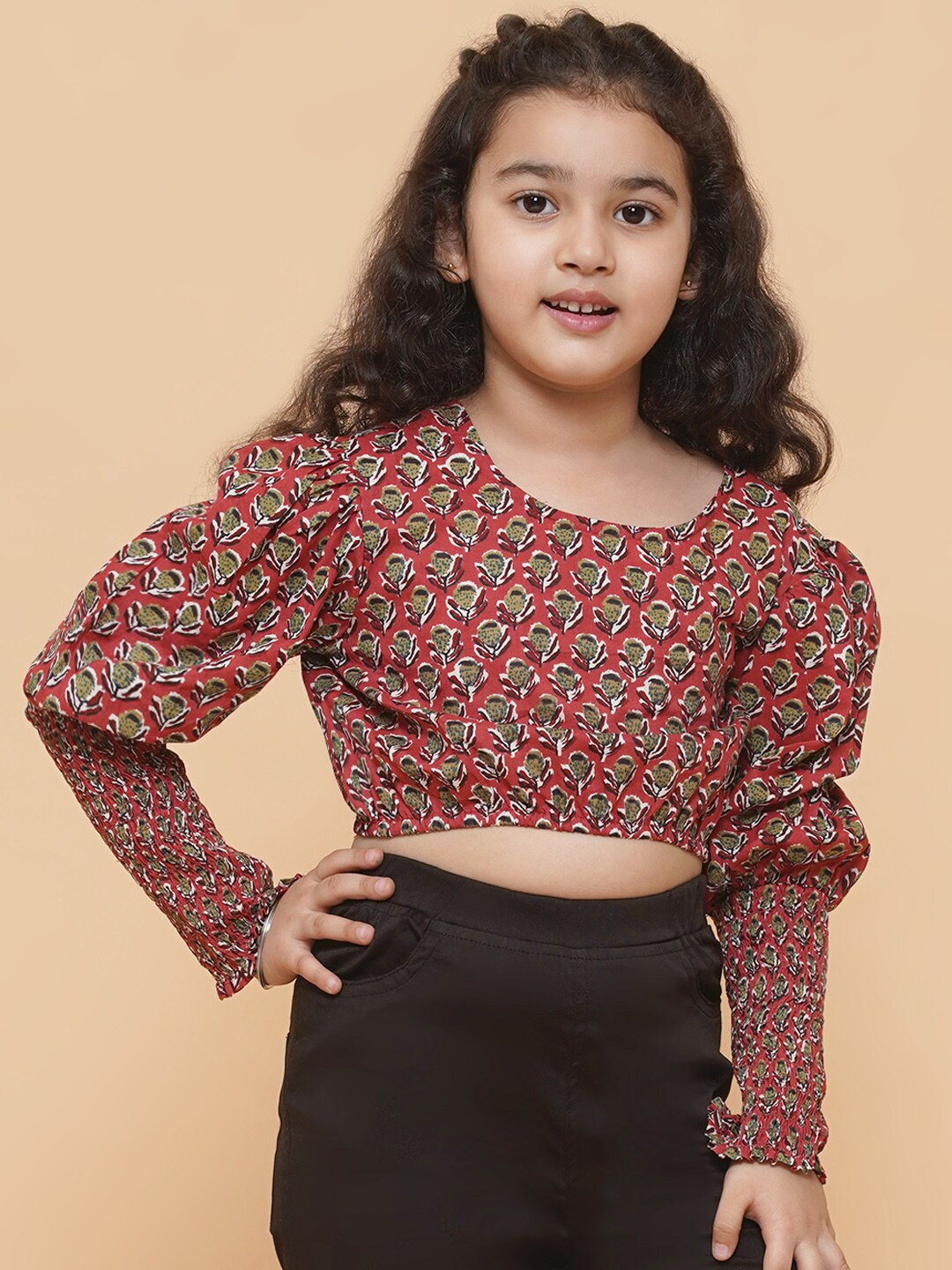 

titliyan Girls Red & Beige Floral Print Blouson Crop Top
