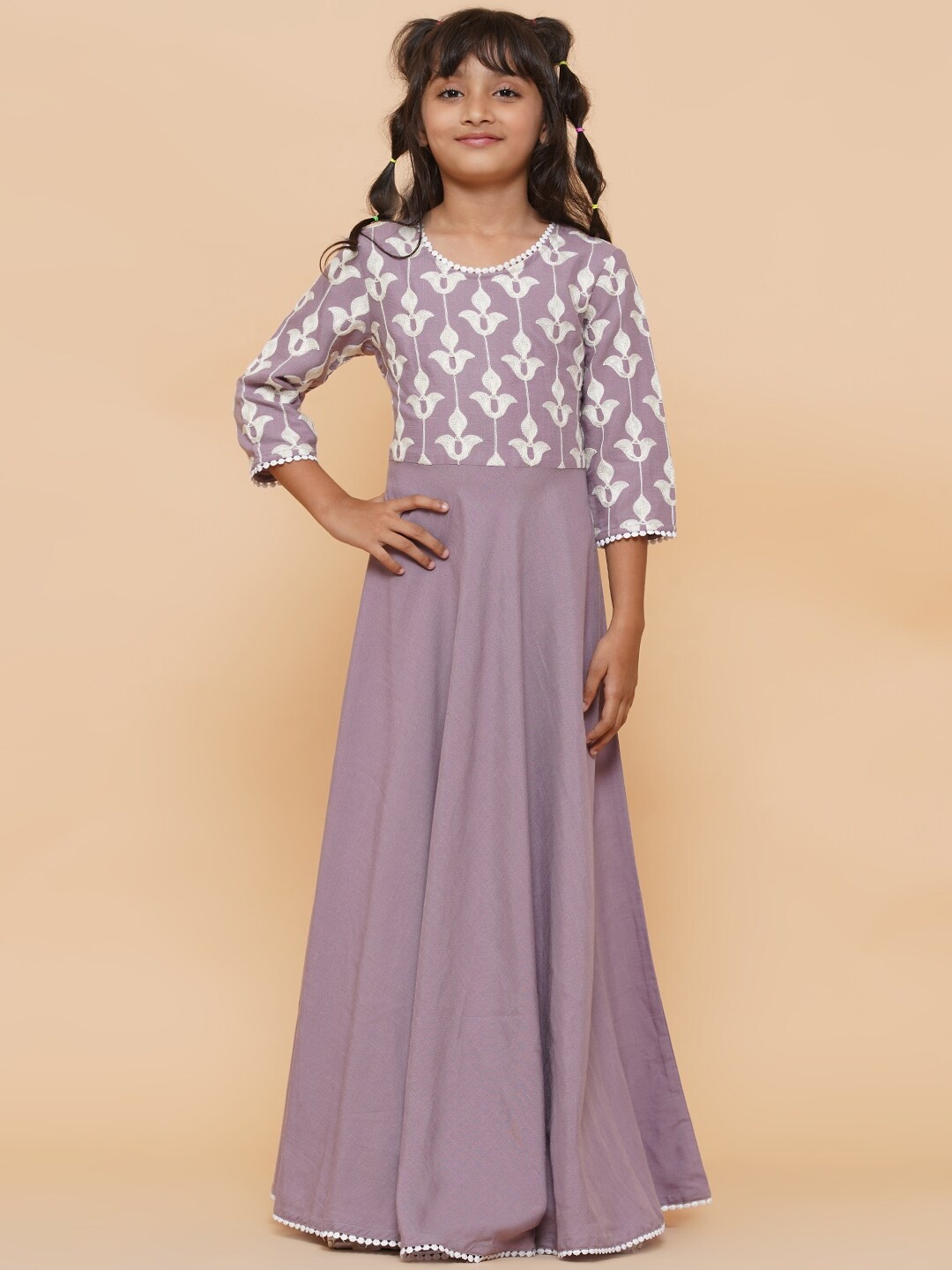 

titliyan Girls Lavender Floral Embroidered Viscose Rayon Flared Maxi Dress